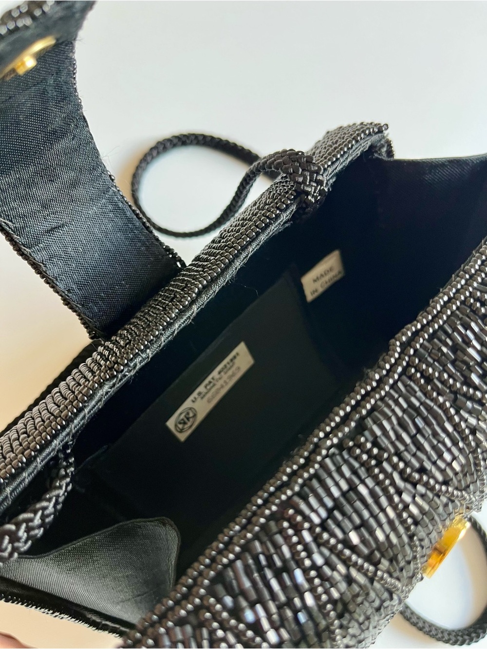 Vintage Black Glass Beaded Evening Bag Art Deco Clutch Crossbody Purse - Picture 4 of 9